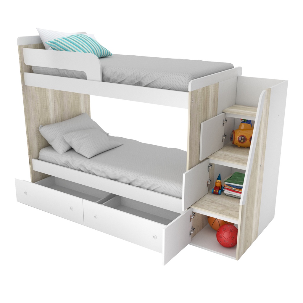 Cama cucheta con escalera lateral 2cajones 80x250cm hel/bla