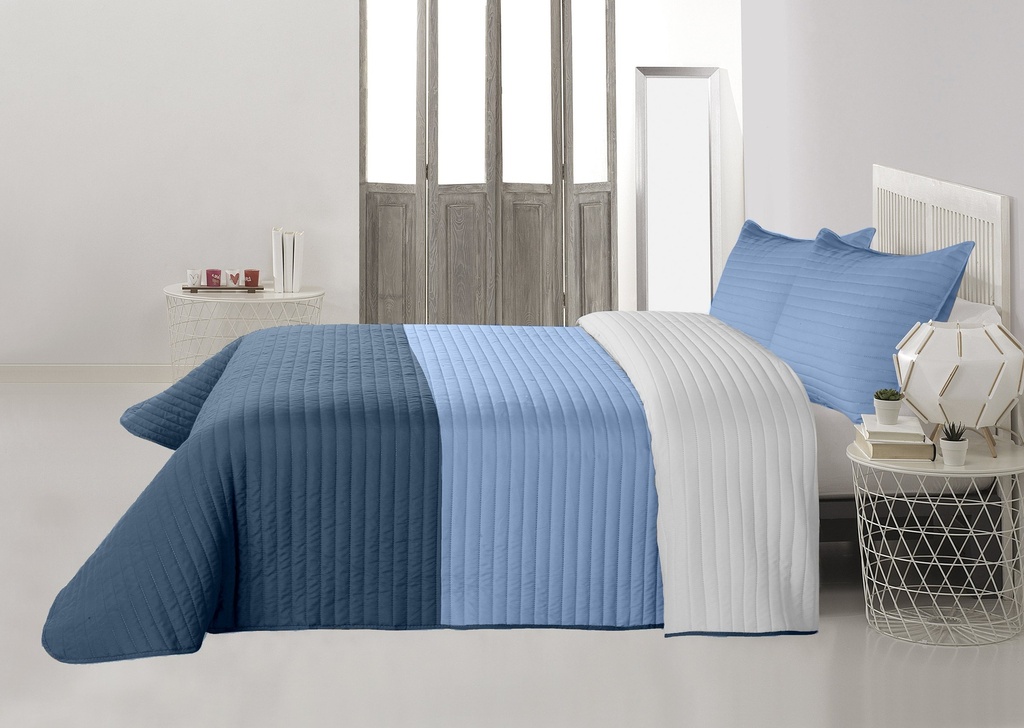 Quilt Tricolor + Fundas Twin Color Gris/Celeste/Aero