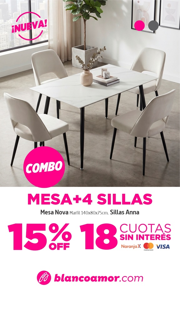 Combo Mesa Nova Marfil 1,40x0,80 + 4 sillas Anna