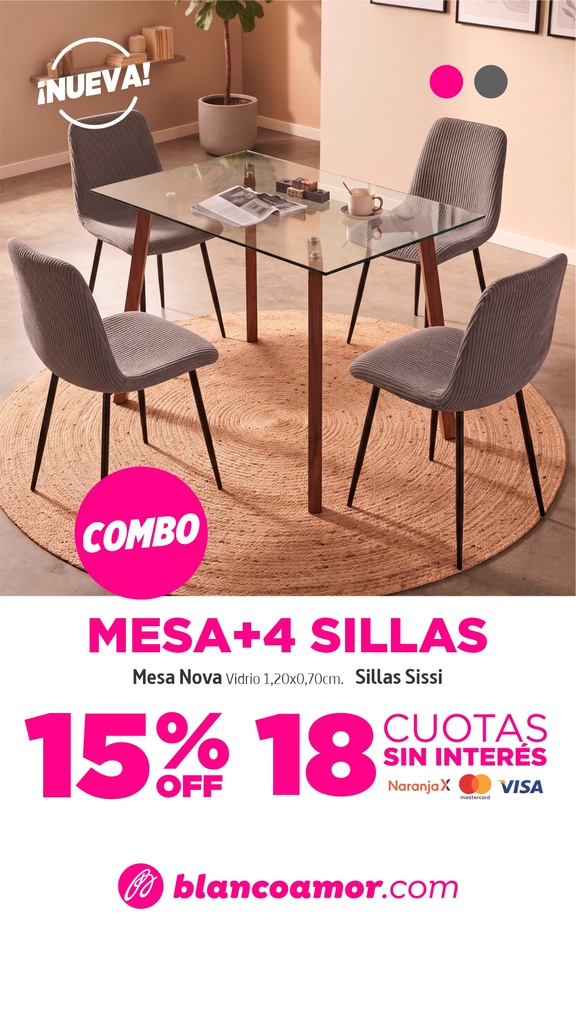 Combo mesa Nova vidrio 1,20x0,70 + 4 sillas Sissi