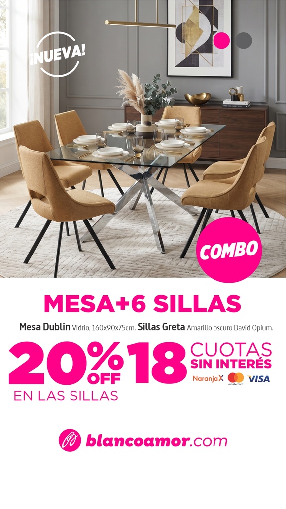 Combo Mesa Dublin Vidrio + 6 sillas greta