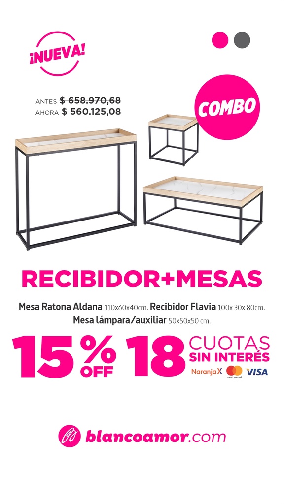Combo Recibidor Flavia + Mesa Ratona Aldana + Lámpara Cubo