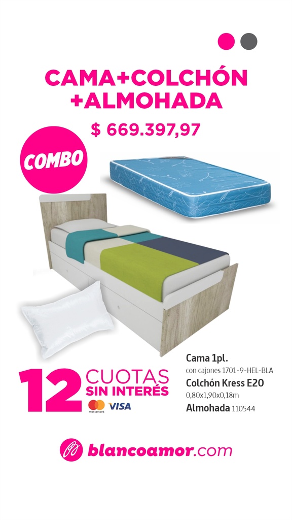 Combo cama 1plaza + colchon kress E20 80cm +1almohada