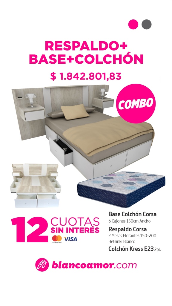 Combo Base + colchón Kress E23 1,40 + respaldo con mesas de luz flotantes