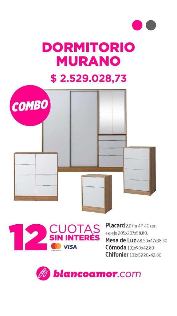 Combo Placard Murano mix con espejo + mesa de luz + cómoda + chifonier