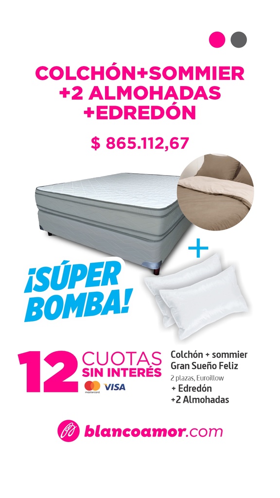 Combo Colchón Gran Sueño Feliz 1,40 + somier + 2 almohadas + edredón